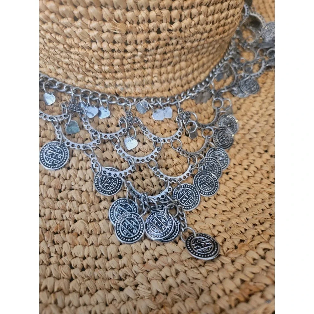 Gottex Women's Sun Hat Woven Straw Floppy Coin Charm Statement Boho Resort Chic